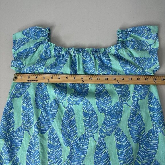 Vineyard Vines Off the Shoulder Dress Size XS Linen Blend Blue Green Palm Print - Picture 8 of 9